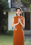 Rust orange crane embroidered qipao dress, front view
