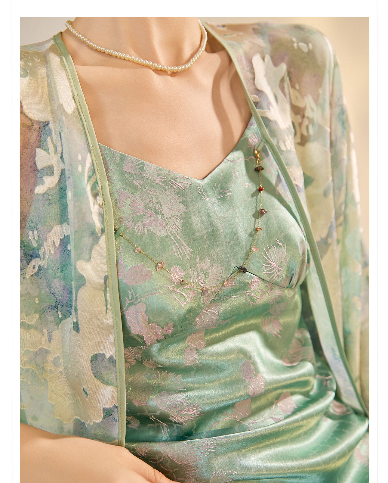 Mint Mirage Embroidered Open-Front Cardigan & Acetate Slip Dress Set — Neo-Oriental Two-Piece