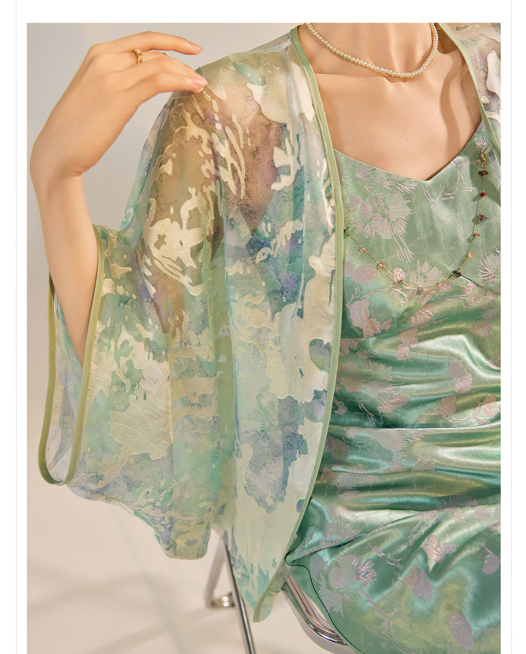 Mint Mirage Embroidered Open-Front Cardigan & Acetate Slip Dress Set — Neo-Oriental Two-Piece