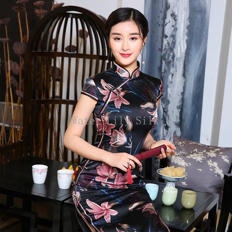 Black Mulberry Silk Lily Floral Qipao Dress | Neo-Chinese Cheongsam, Elegant Modern Oriental Dress, Elegant Evening / Daily Wear