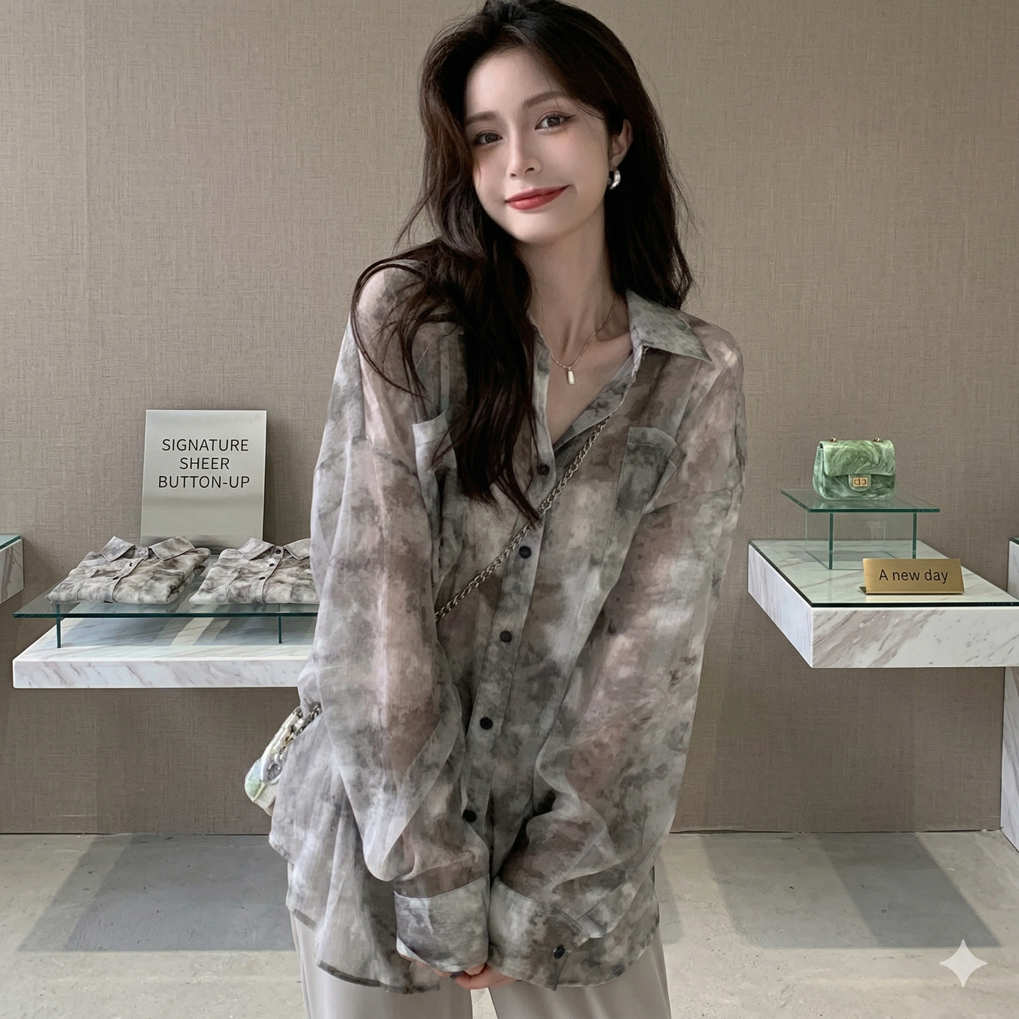 Ink-Wash Mist: Oversized Tie-Dye Shirt | Vintage Sun-Protection Summer Blouse | Breathable Korean Style Top