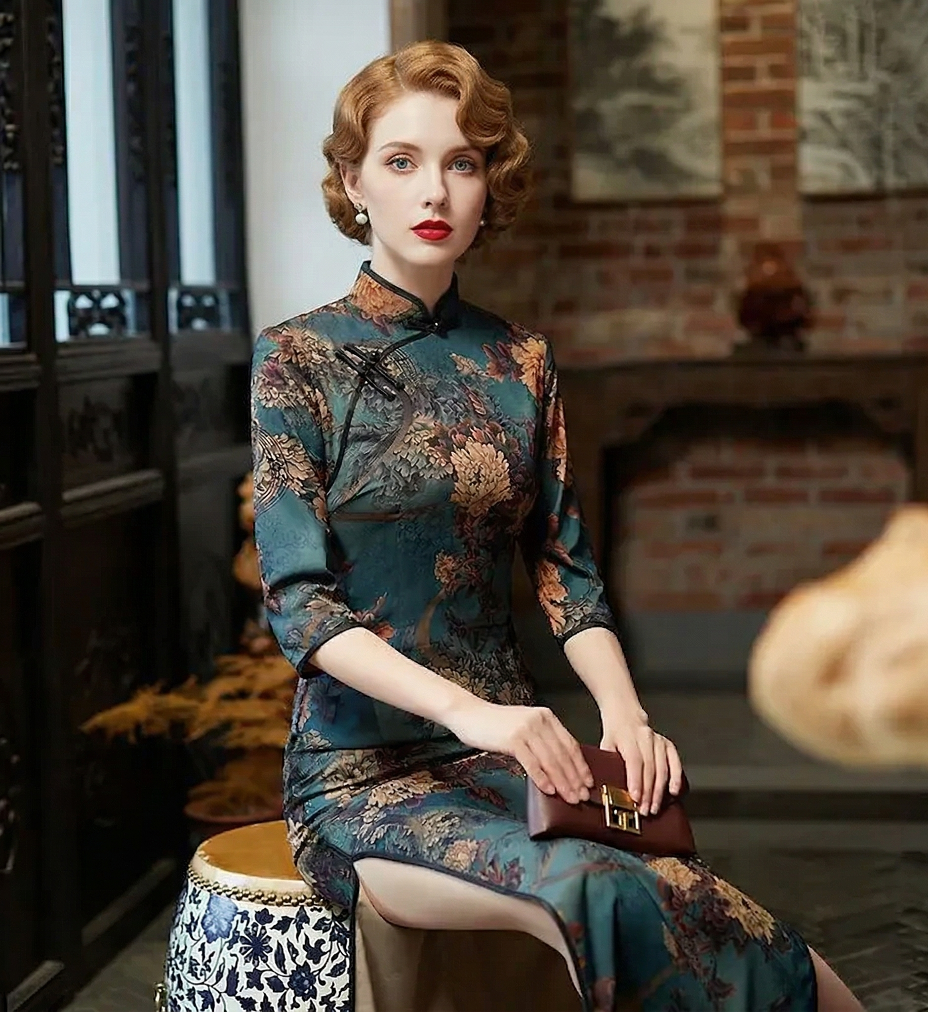 Emerald Teal Floral Brocade Qipao Dress | Neo-Chinese Cheongsam, Modern Oriental Dress, Elegant Evening / Daily Wear