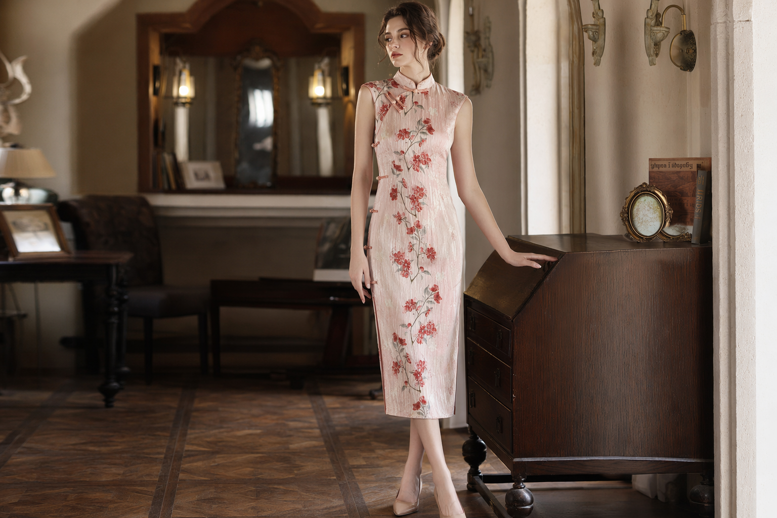 Improved vintage single-layer imported crepe cheongsam2026New Spring/Summer High-End Elegant Daily Slim-Fit Dress