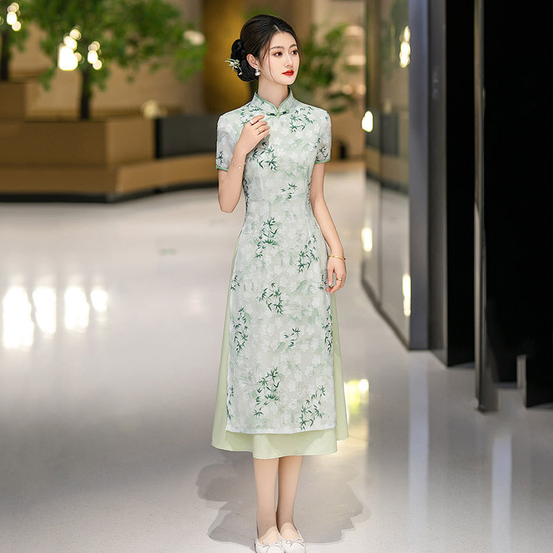 Ink Bamboo Leaf Ao Dai-Inspired Qipao Dress