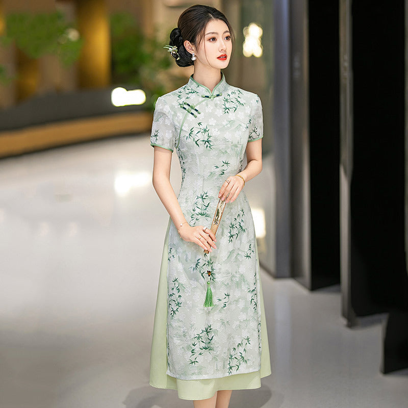 Ink Bamboo Leaf Ao Dai-Inspired Qipao Dress