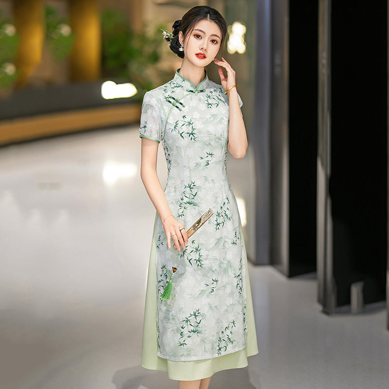 Ink Bamboo Leaf Ao Dai-Inspired Qipao Dress