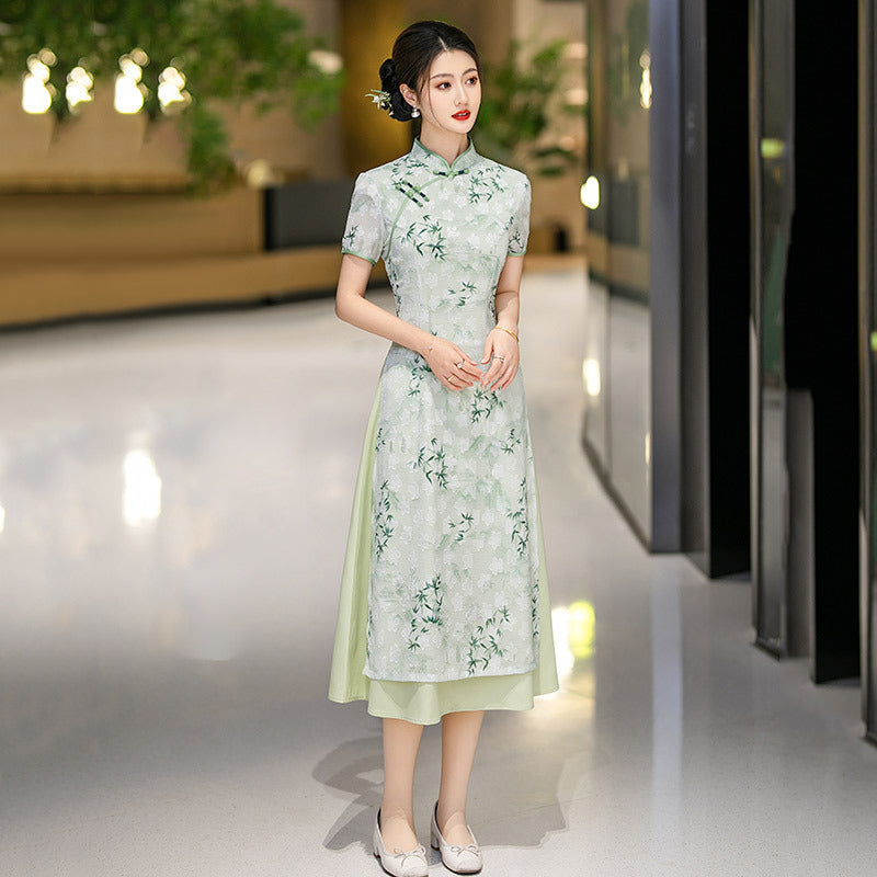 Ink Bamboo Leaf Ao Dai-Inspired Qipao Dress
