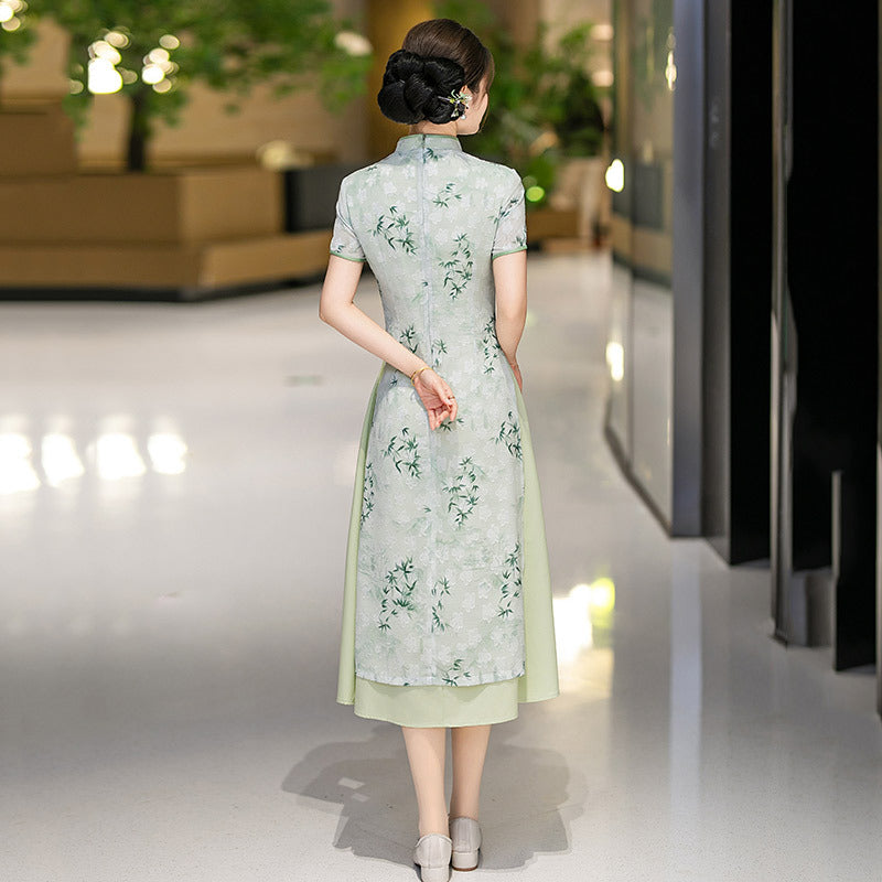 Ink Bamboo Leaf Ao Dai-Inspired Qipao Dress