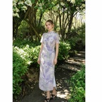 Plus Size Lavender Botanical Qipao Dress | Neo-Chinese Cheongsam, Elegant Garden Party Dress, Summer Daywear, Floral Motif