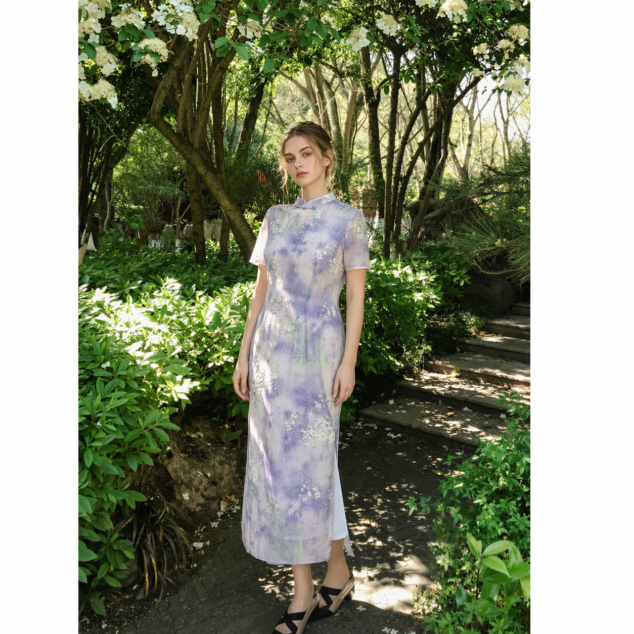 Plus Size Lavender Botanical Qipao Dress | Neo-Chinese Cheongsam, Elegant Garden Party Dress, Summer Daywear, Floral Motif