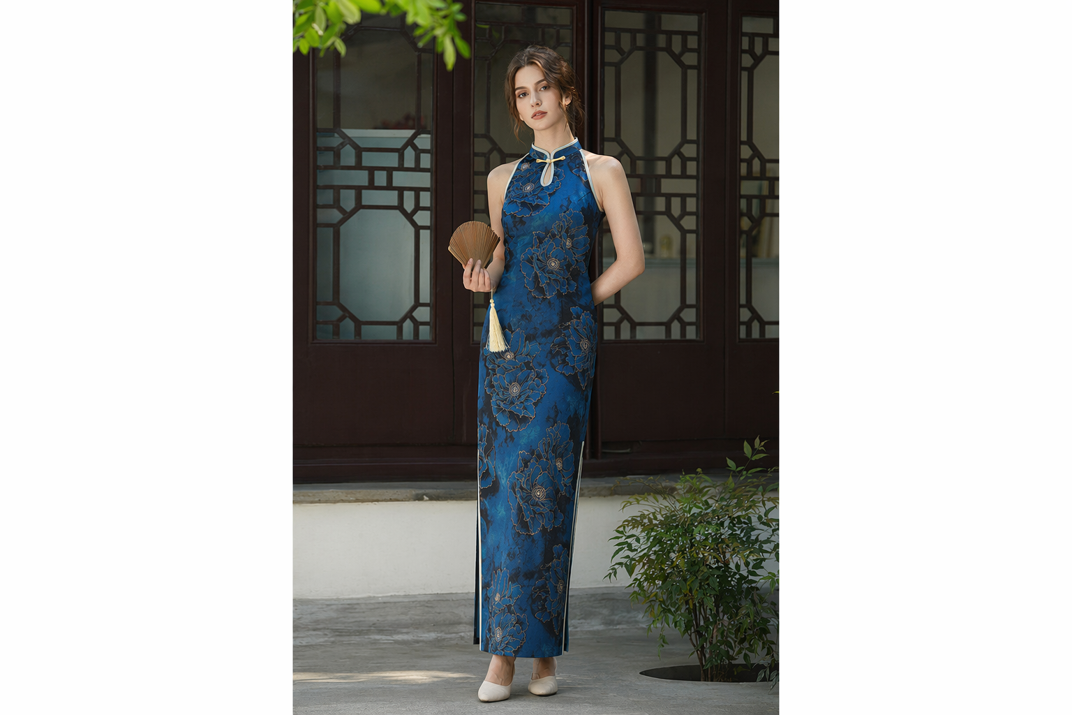 Luoshibo Chinese Style Exquisite Blue Cheongsam Halter Neck Sleeveless New Chinese Retro Improved Young Style Dress for Women Summer