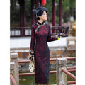 Wine red raised floral long-sleeve cheongsam dress, front view