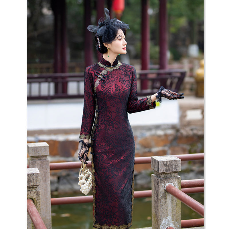 Wine red raised floral long-sleeve cheongsam dress, front view