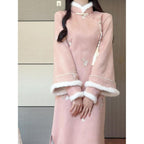 Pink fleece-lined qipao dress, front close-up