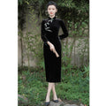 Black velvet bamboo embroidered long-sleeve qipao dress, front view