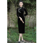 Black velvet bamboo embroidered long-sleeve qipao dress, front view