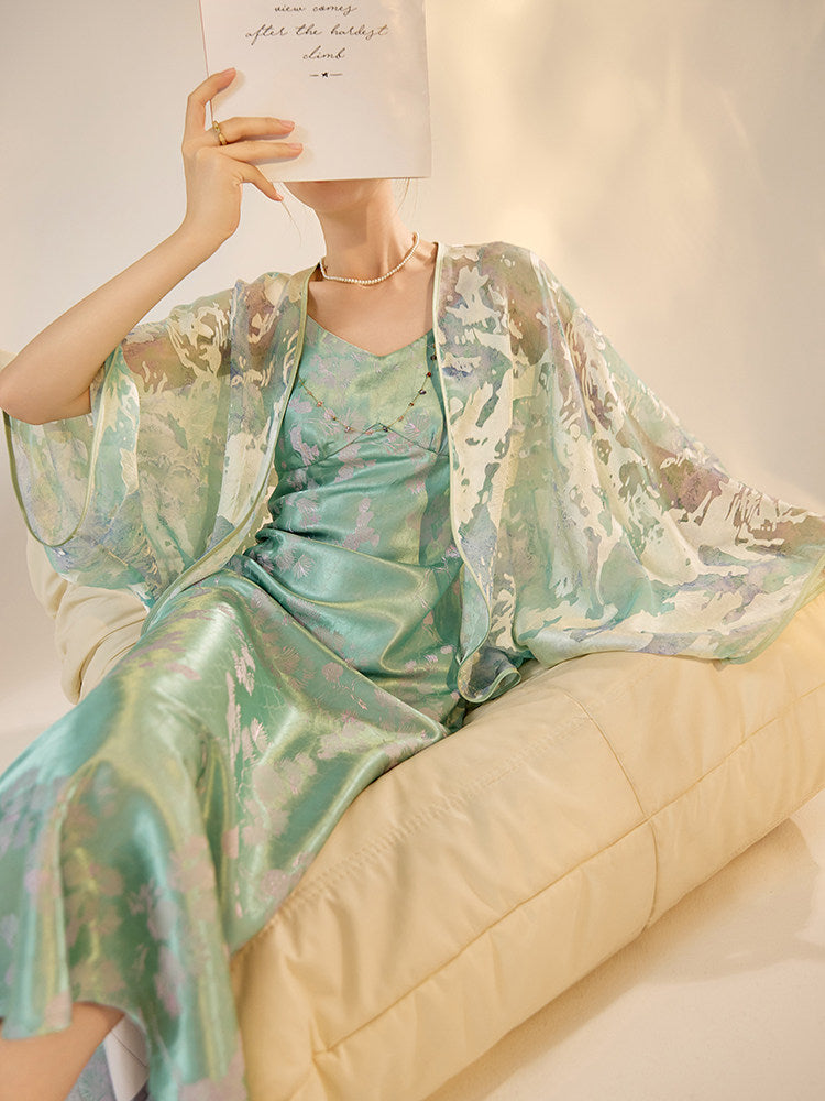 Mint Mirage Embroidered Open-Front Cardigan & Acetate Slip Dress Set — Neo-Oriental Two-Piece