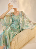 Mint Mirage Embroidered Open-Front Cardigan & Acetate Slip Dress Set — Neo-Oriental Two-Piece