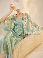 Mint Mirage Embroidered Open-Front Cardigan & Acetate Slip Dress Set — Neo-Oriental Two-Piece