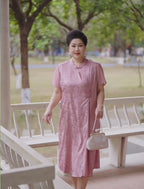 Plus Size Dusty Rose Qipao Dress | Floral A-Line Cheongsam, Neo-Chinese Midi Dress, Elegant Curvy Occasion Wear