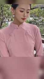 Pink floral knit jacquard long qipao dress video