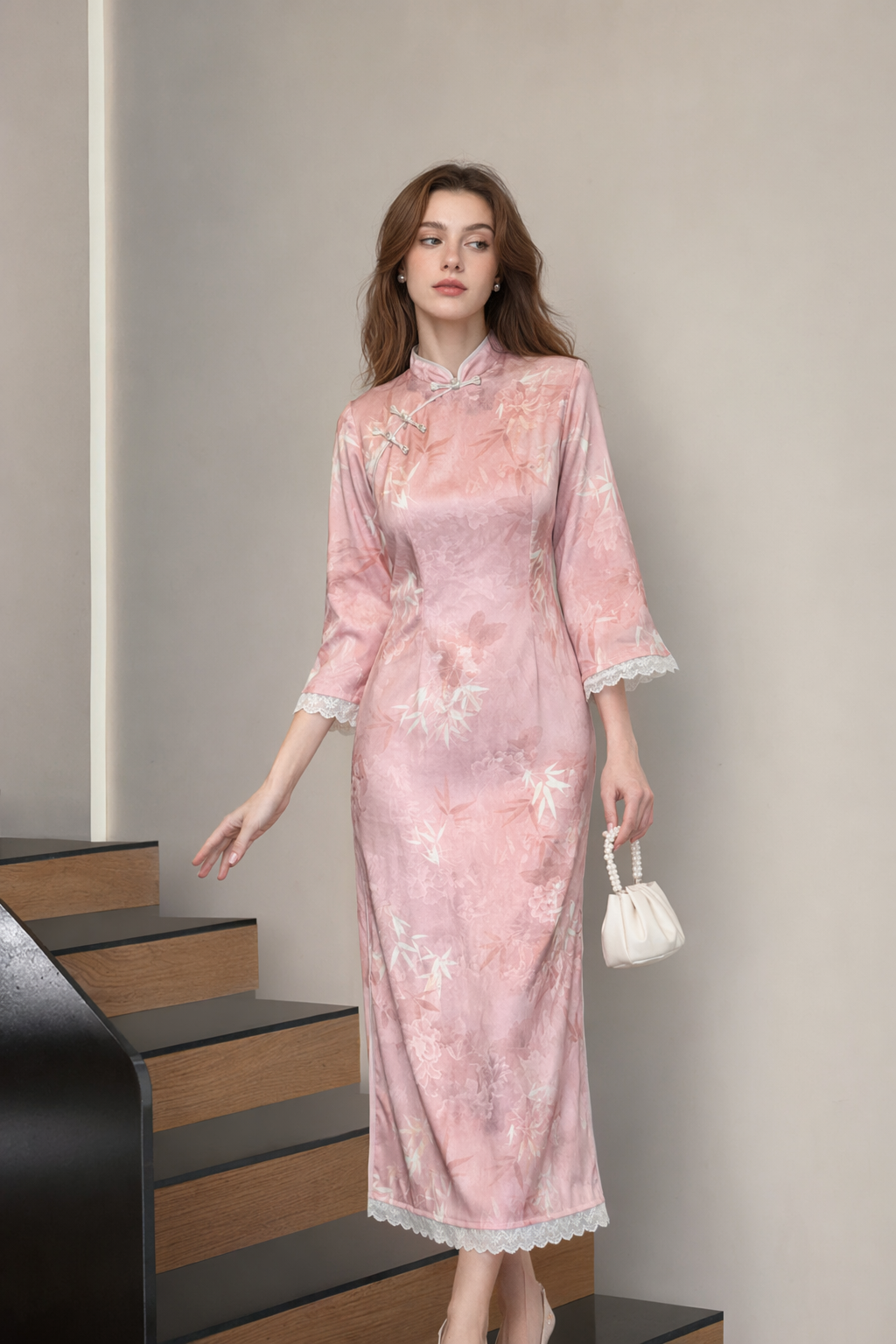 Blush Bamboo Botanical Qipao Dress | Neo-Chinese Cheongsam, Elegant Daily Wear, Botanical Motif, Long Sleeve