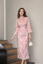 Blush Bamboo Botanical Qipao Dress | Neo-Chinese Cheongsam, Elegant Daily Wear, Botanical Motif, Long Sleeve