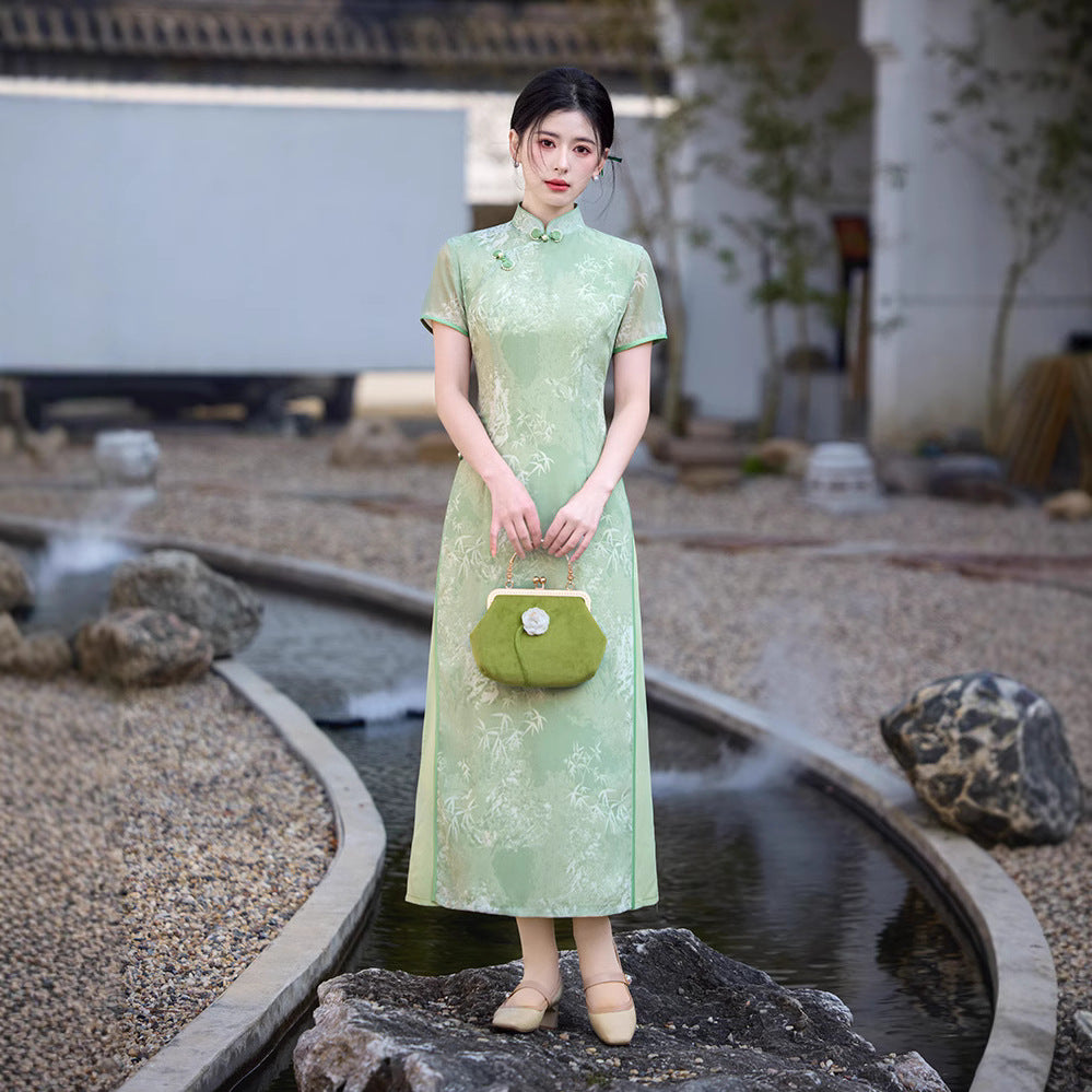 Sage Green Bamboo Long Ao Dai-Inspired Qipao Dress