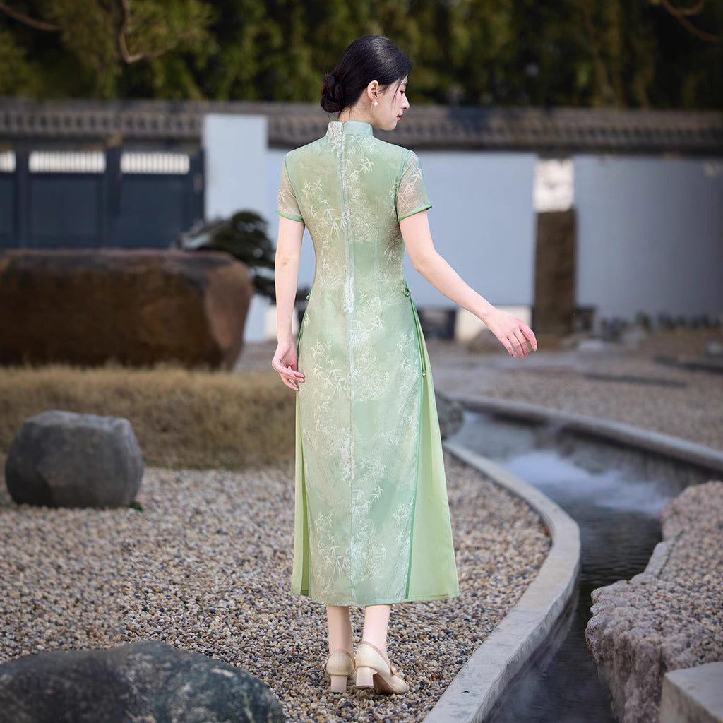 Sage Green Bamboo Long Ao Dai-Inspired Qipao Dress