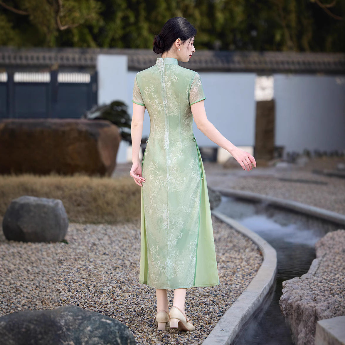 Sage Green Bamboo Long Ao Dai-Inspired Qipao Dress