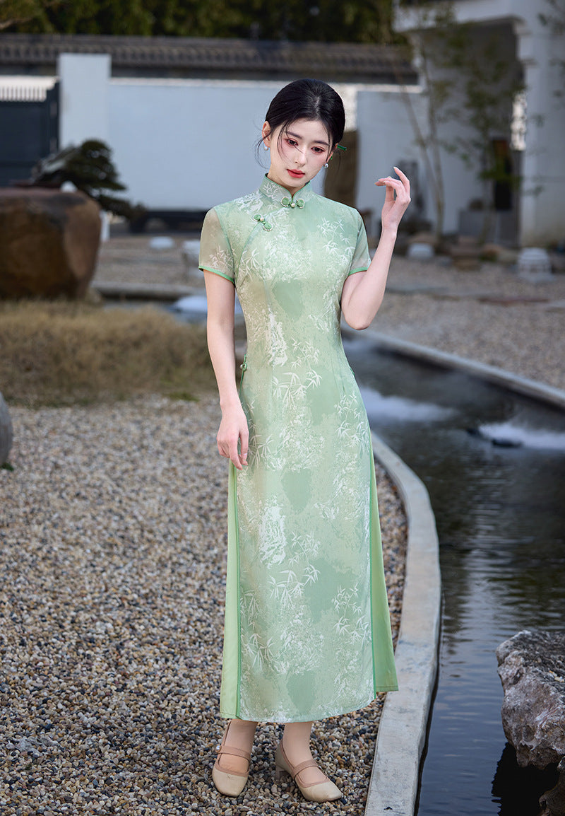 Sage Green Bamboo Long Ao Dai-Inspired Qipao Dress