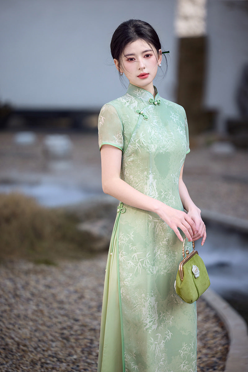 Sage Green Bamboo Long Ao Dai-Inspired Qipao Dress