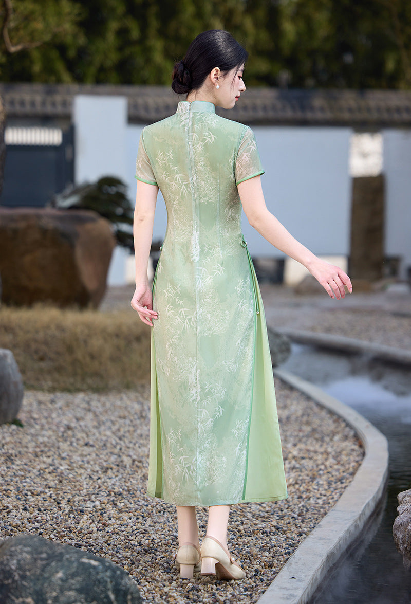 Sage Green Bamboo Long Ao Dai-Inspired Qipao Dress