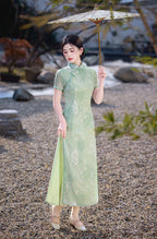 Sage Green Bamboo Long Ao Dai-Inspired Qipao Dress