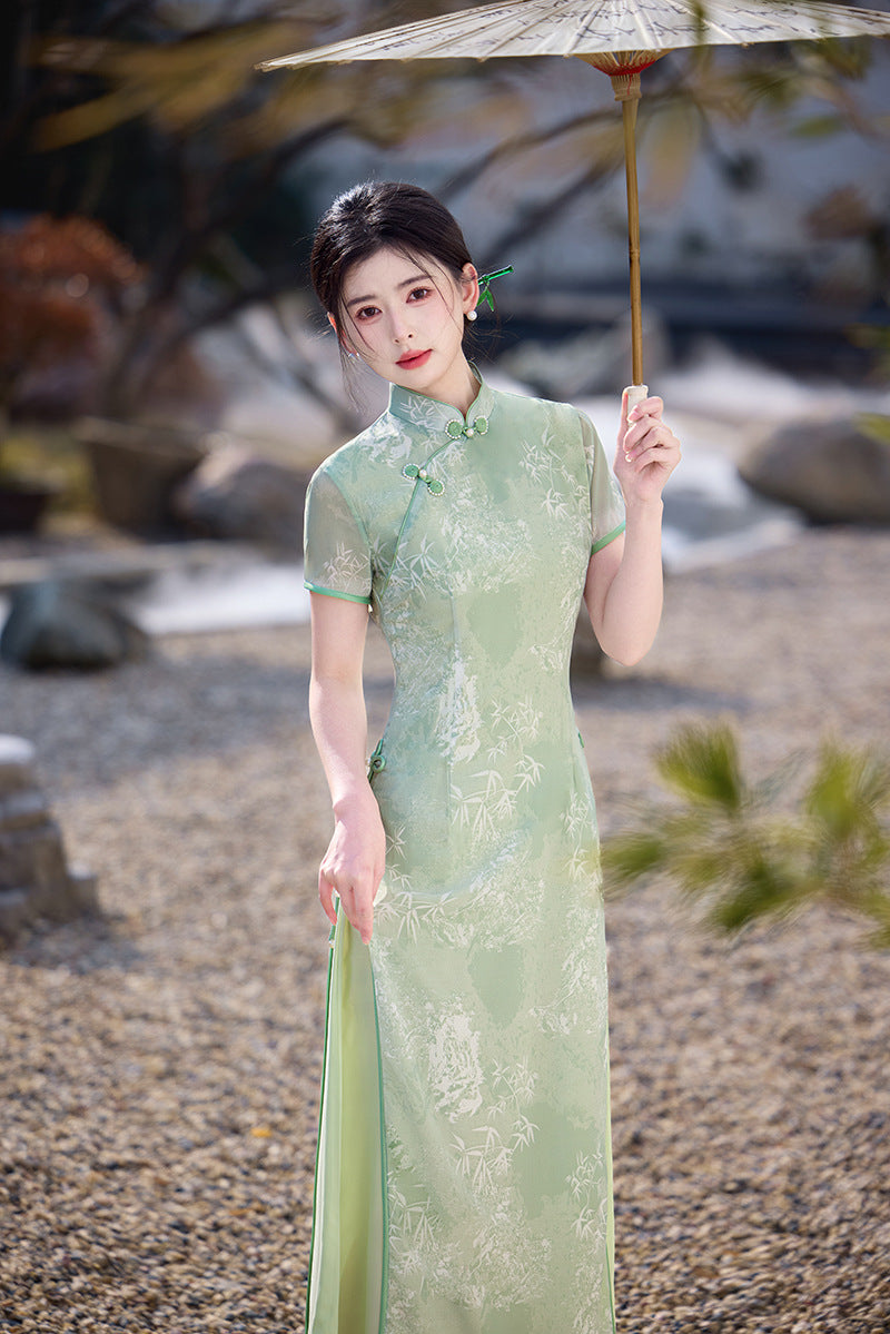 Sage Green Bamboo Long Ao Dai-Inspired Qipao Dress