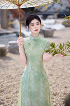 Sage Green Bamboo Long Ao Dai-Inspired Qipao Dress