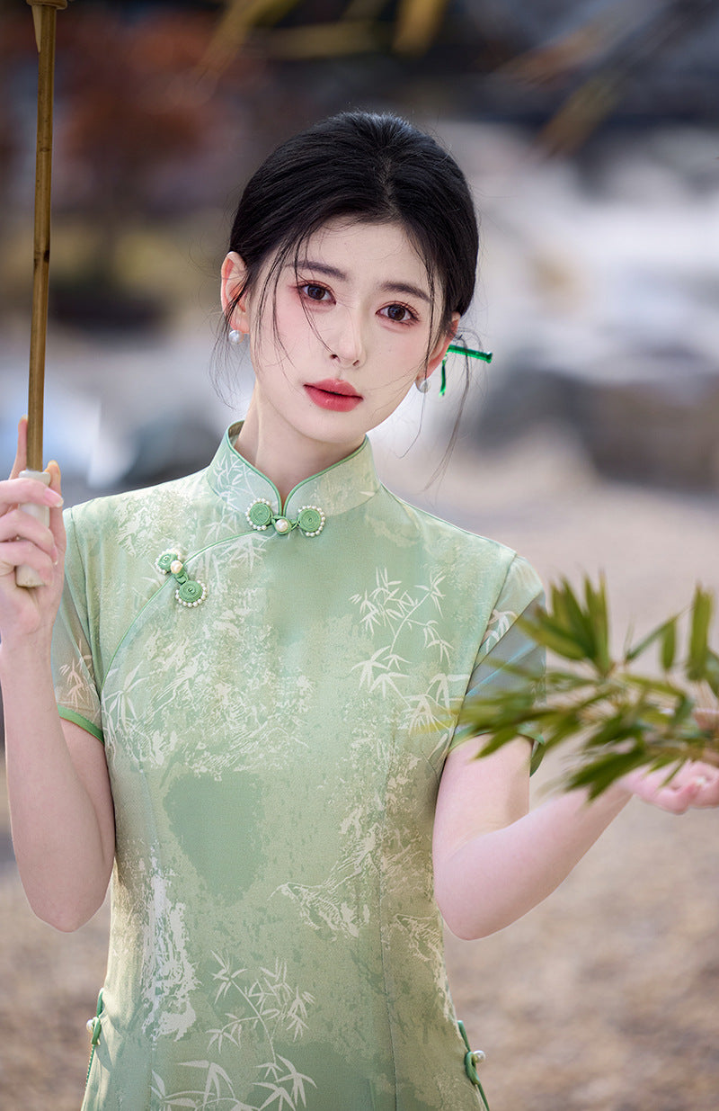 Sage Green Bamboo Long Ao Dai-Inspired Qipao Dress