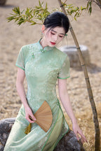 Sage Green Bamboo Long Ao Dai-Inspired Qipao Dress