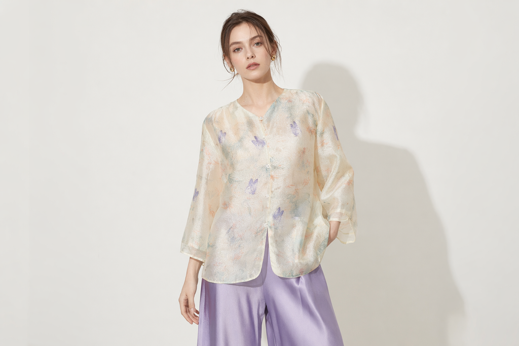 Ivory Butterfly Sheer Jacket | Neo-Chinese Layer, Airy Spring Outerwear, Botanical Butterfly Motif, Garden Party Wear
