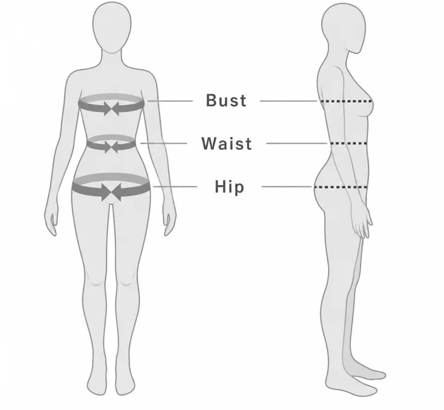 Figura de frente y de perfil que muestra dónde medir el busto, la cintura y las caderas